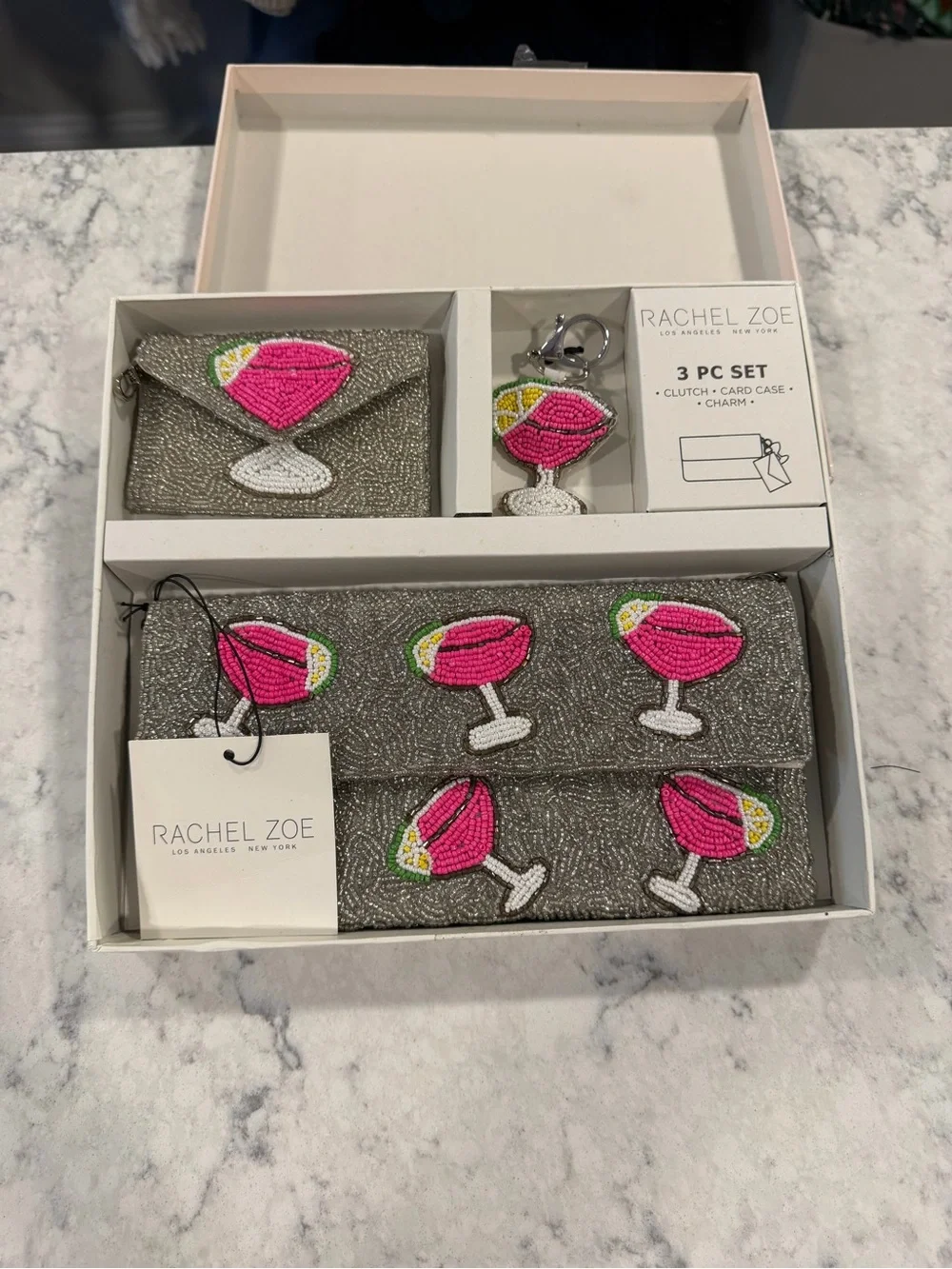 Rachel Zoe Silver Beaded Clutch, Card Case & Charm with Pink Cocktail Motif